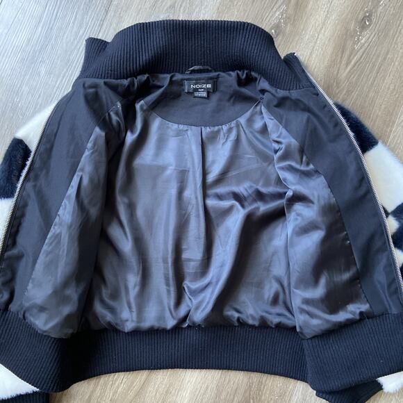 NOIZE Vegan Fur Jacket Women Sz XS Black & White Short Length Front Pockets - Picture 4 of 14